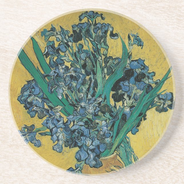 Porta-copos De Arenito Vincent van Gogh - Vase w Irises - Fundo Amarelo (Frente)