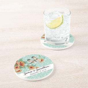 Porta-copos De Arenito Vintage Cherry Blossom Love Bird Peach