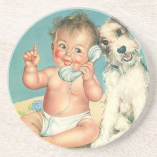 Porta-copos De Arenito Vintage Cute Baby Conversando no Phone Puppy Dog