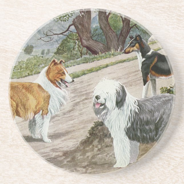 Porta-copos De Arenito Vintage Dog Trio (Frente)