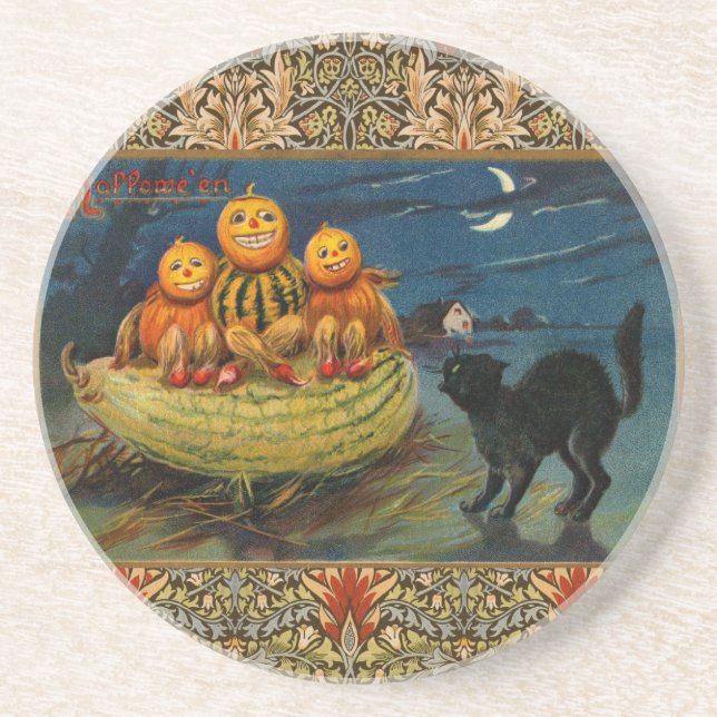 Porta-copos De Arenito Vintage Halloween Pumpkins Black Cat (Frente)