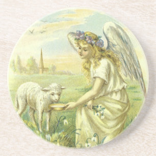 Porta-copos De Arenito Vintage Páscoa religiosa Anjo Vitoriano com Lamb