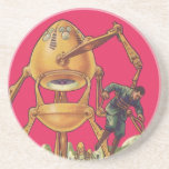 Porta-copos De Arenito Vintage Science Ficting Alienígena Robô Captura Ho<br><div class="desc">Imagem de Vintage: aliens futuristas de ficção científica e robôs. Um clássico design de ficção científica retrógrada do futuro,  com um robô em forma de ovo segurando um homem em suas garras. Os caracteres pop num fundo rosa claro.</div>