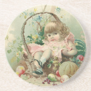 Porta-copos De Arenito Vintage Victorian Child, Girl Primavera Fruta Bask