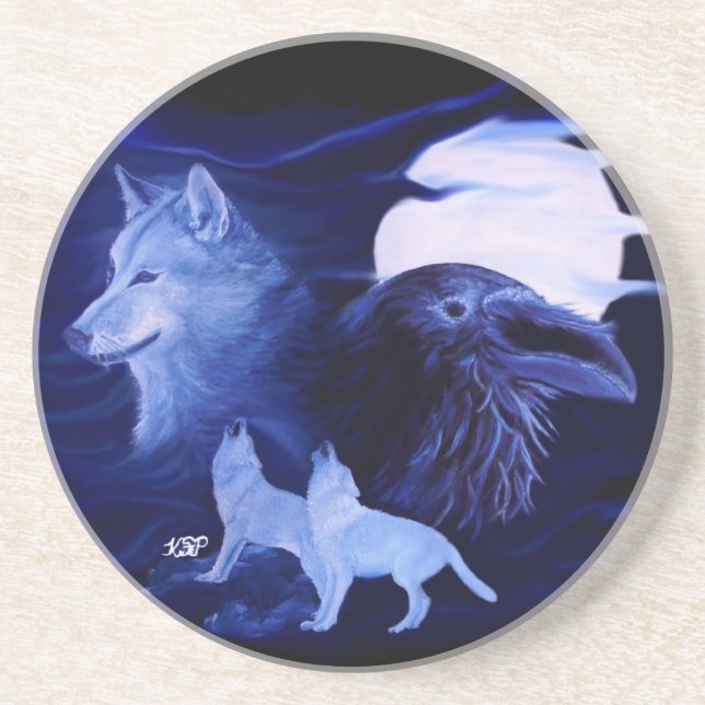 Porta-copos De Arenito Wolf e Raven com lua de cheio (Frente)