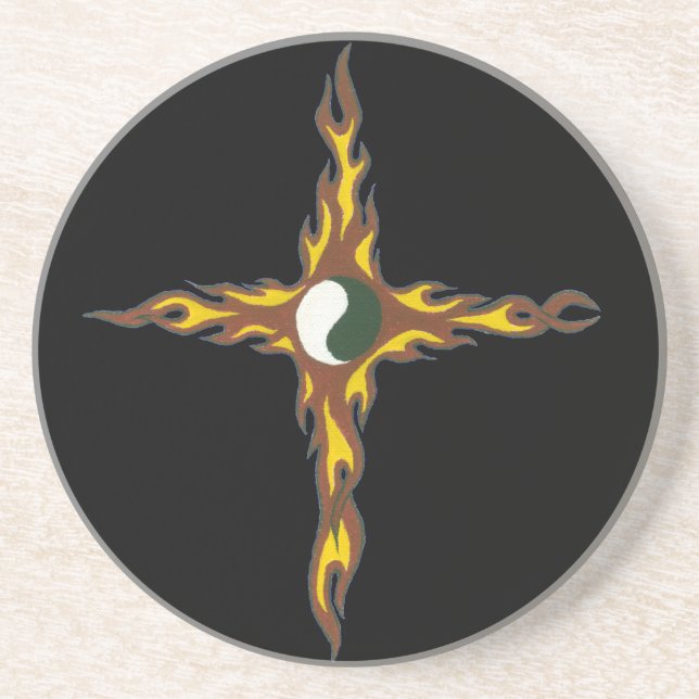 Porta-copos De Arenito Yin Yang Fire Cross (Frente)