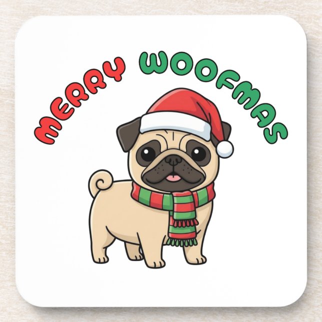 Porta copos de Natal Pug: Feliz Woofmas (Frente)