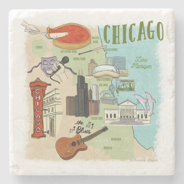 Porta copos de Pedra de Mapa Ilustrada de Chicago (Frente)