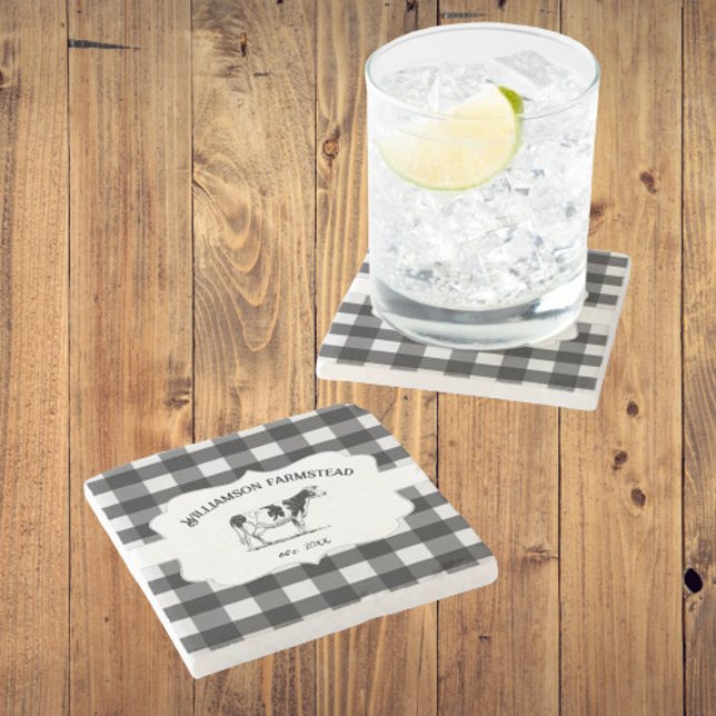 Porta copos de pedra de Xadrez de Buffalo Negra (Black Buffalo Plaid Farm Cow Stone Coasters)