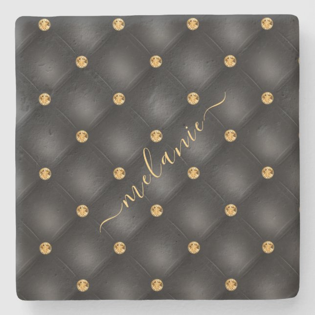 Porta copos de pedra Dourada preta com nome person (Frente)