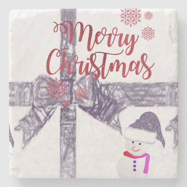 Porta copos de Pedra Marble de Natal, Snowman (Frente)