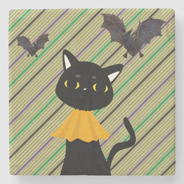 Porta copos de Pedra Marble Halloween, Gato Negro (Frente)