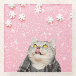 Porta copos de vidro de gato com floco de neve doc