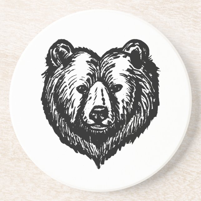 Porta-copos Desenho a Tinta da Cara de Urso Preto e Branco (Frente)