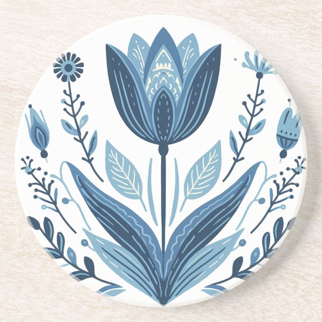 Porta-copos Design Botânico Rustic Blue Tulip Flower Folk (Frente)