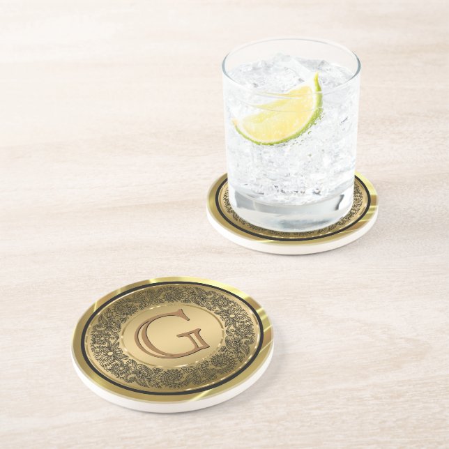 Porta-copos Design Floral Preto E OuroCírculo Monograma (Lateral)