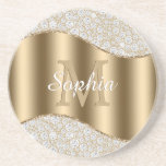 Porta-copos Diamantes, Monograma Dourado Grande, Nome de Scrip<br><div class="desc">Personalize um grande monograma de ouro e o nome em uma escrita branca sobre a onda dourada com diamantes.</div>