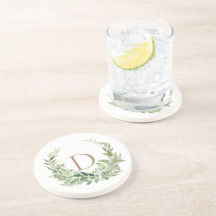 Porta-copos Dourado Monograma Folhagem Inicial Branco