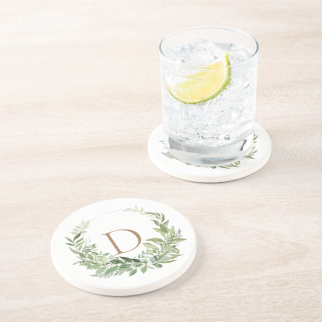 Porta-copos Dourado Monograma Folhagem Inicial Branco (Lateral)