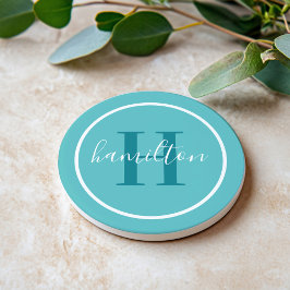 Porta-copos Elegante Monograma Redondo em Azul Teal com Letra 