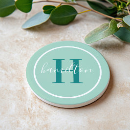 Porta-copos Elegante Monograma Redondo em Script Verde Turques