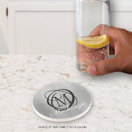 Porta-copos Elegante Silver Bruted Metal Monograma Nome Na mod