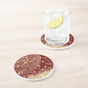Porta-copos Encantando Mandala com Douradas estrelas em vermel