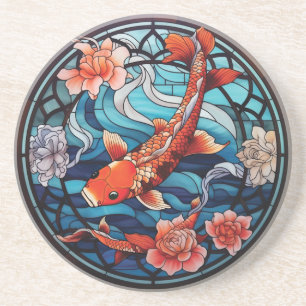 Porta-copos Estilo de Vidro Asiático Koi Fish e Camellias