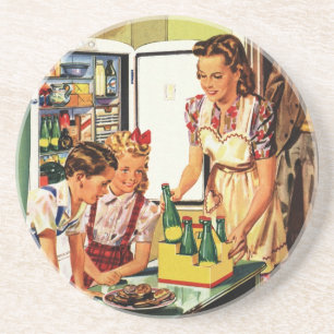 Porta-copos Família Antiga na Cozinha Mãe Pai Filhos Lanche