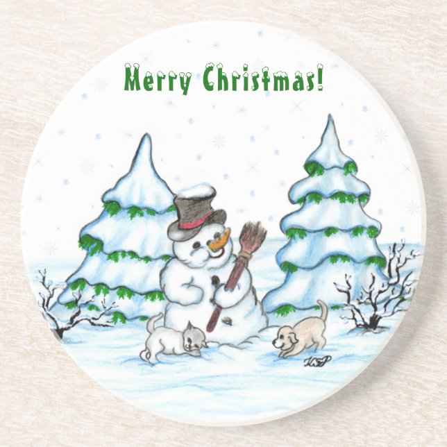 Porta-copos Feliz Natal! Neve com Cat e Puppy (Frente)