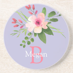 Porta-copos Flor de Aquarela, Nome e Monograma em Lavanda