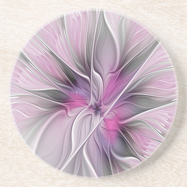 Porta-copos Floral Fractal Moderno Abstrato Flor Rosa Cinza (Frente)
