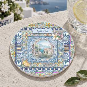 Porta-copos floral italiano de verão azulejos azuis monograma 