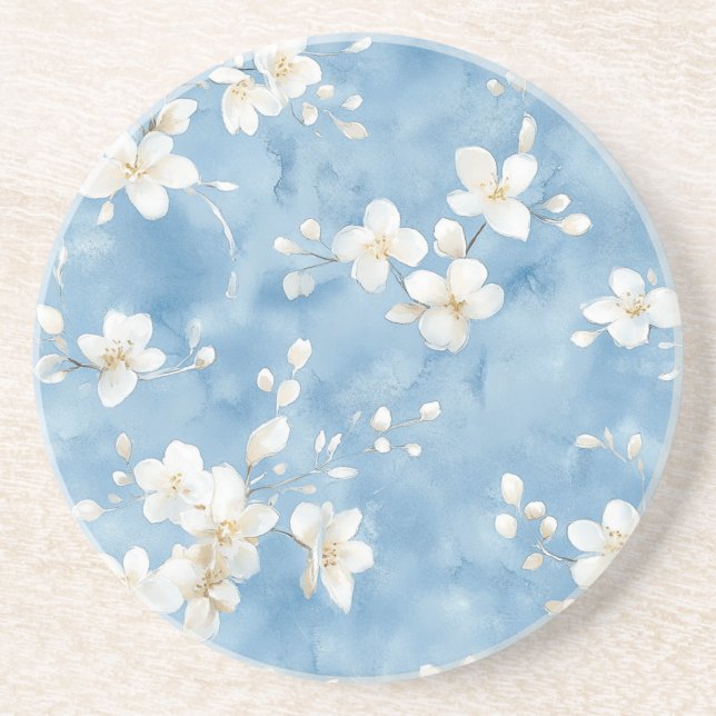 Porta-copos Flores Brancas Bonitas Azul Céu (Frente)