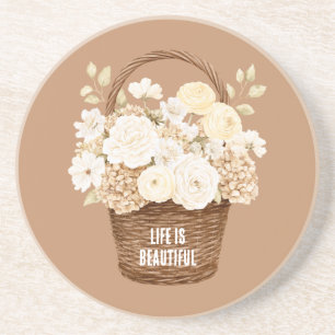 Porta-copos Flores Brancas Creme em Cesto