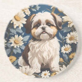 Porta-copos Flores Brancas de Margarida Cachorros Shih Tzu