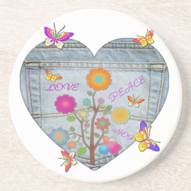 Porta-copos Flores Cardíacas Denim Pocket Borboletas (Frente)