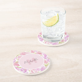 Porta-copos Flores de Aquarela Rosa Fúcsia Ocidental Monograma