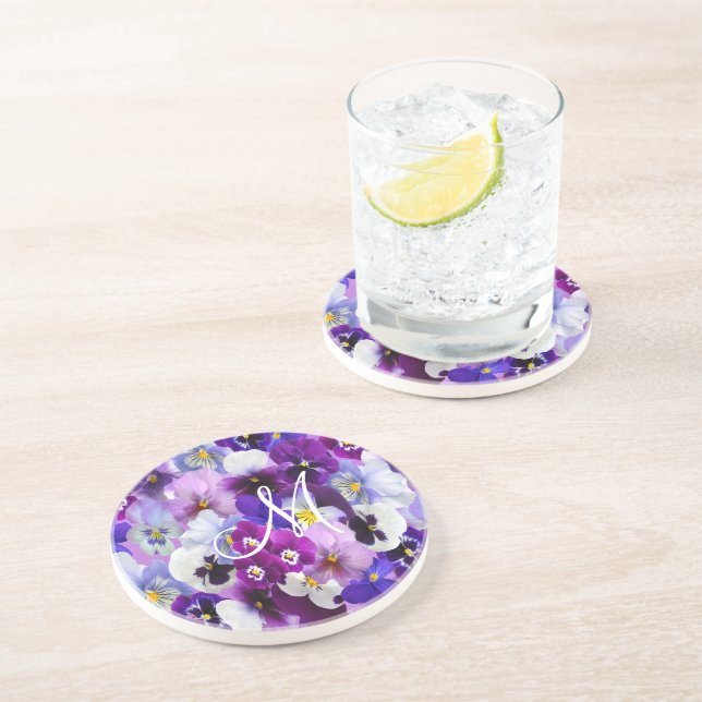 Porta-copos Flores de Pensamento Roxo Azul Branco Monograma  (Lateral)