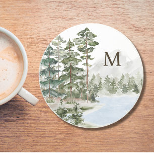 Porta-copos Floresta de Pinheiros Verdes Monogramada e Lago