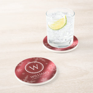 Porta-copos Folha Vermelha Festiva Snowflakes Monograma