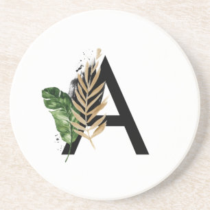 Porta-copos Folhas Tropicais Faux Gold Foil - Letra A Monogram