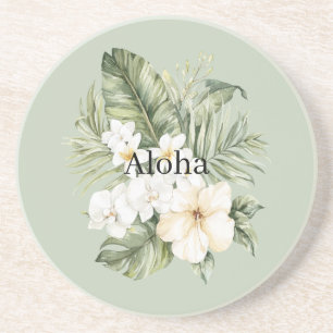 Porta-copos Folhas Verdes Tropicais Orquídeas Hibisco Branco