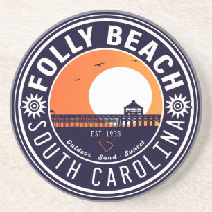 Porta-copos Folly Beach SC Souvenirs Retro Sunset Pier 60s