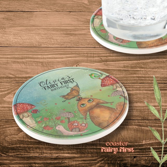Porta-copos Forest Fox , Snail Fairy First Birday (Forest Fox , Snail Fairy First Birthday Coaster)