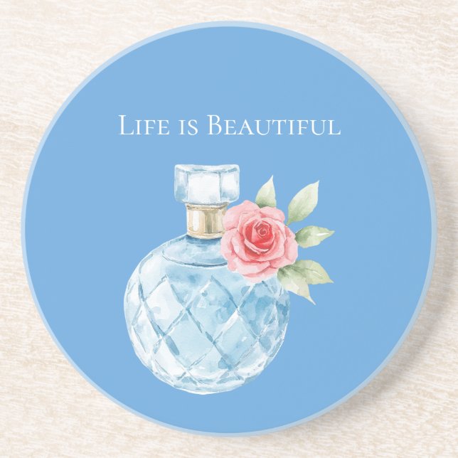 Porta-copos Frasco de Perfume Rosa Azul Água Branco (Frente)
