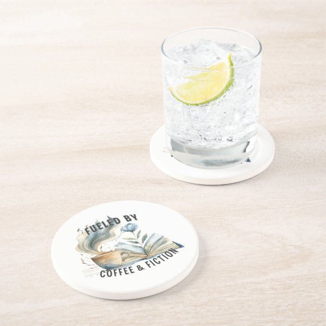 Porta-copos Fueled by Coffee & Fiction Sandstone Coaster (Lateral)