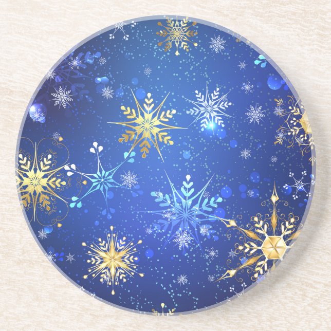 Porta-copos Fundo Azul XMAS com Flocos de Neve Ouro (Frente)