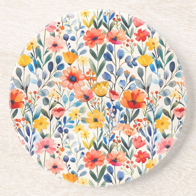 Porta-copos Fundo de Flores Silvestres de Primavera em Aquarel (Frente)