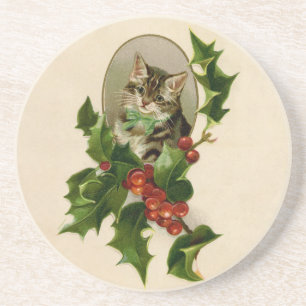 Porta-copos Gatinho de Natal Vitoriano em Tabby Antigo com Aze